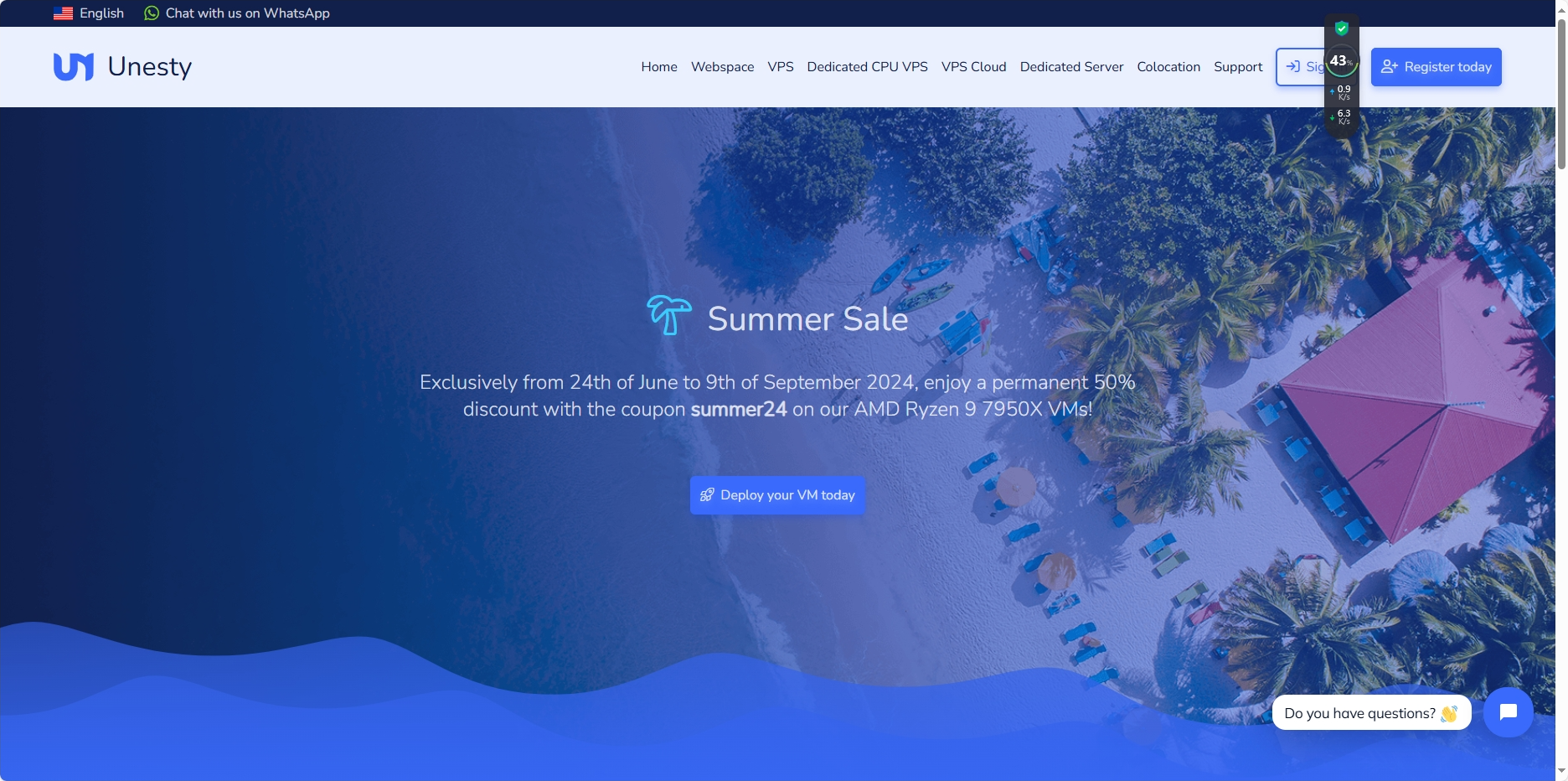 unesty：5折优惠，$22.9/年起，德国VPS，Ryzen9 7950X/10G带宽，不限流量，免费DDoS防御！